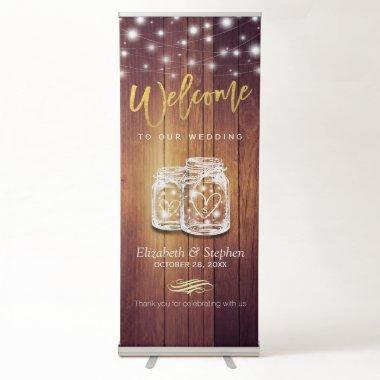 Rustic Wood Elegant Mason Jar String Light Wedding Retractable Banner