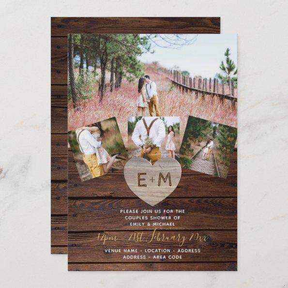 Rustic Wood Engraved Heart PHOTO COLLAGE Couples Invitations