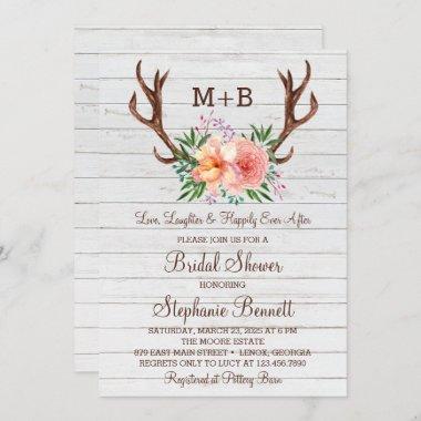 Rustic Wood Floral Antlers Bridal Shower Invitations