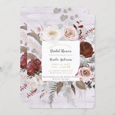 Rustic Wood Floral Blooms Blush Grey Bridal Shower Invitations