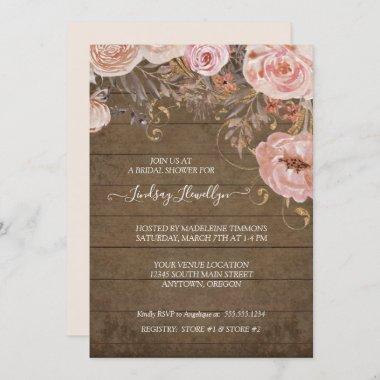 Rustic Wood Floral Boho Rose Gold Bridal Shower Invitations