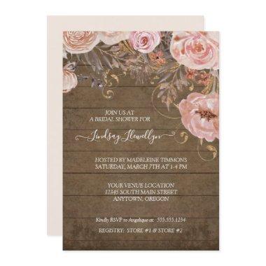 Rustic Wood Floral Boho Rose Gold Bridal Shower Invitations