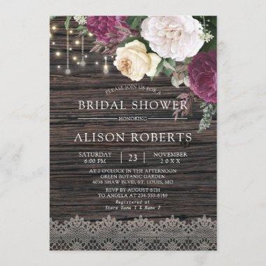 Rustic wood Floral lace Bridal Shower Invitations