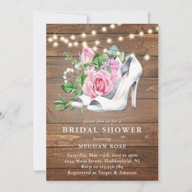 Rustic Wood Floral String Lights Bridal Shower Invitations