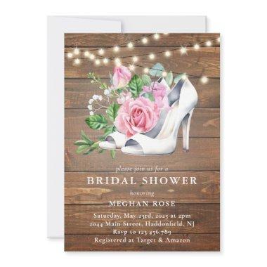 Rustic Wood Floral String Lights Bridal Shower Invitations