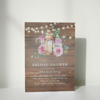 Rustic Wood Floral String Lights Bridal Shower Invitations
