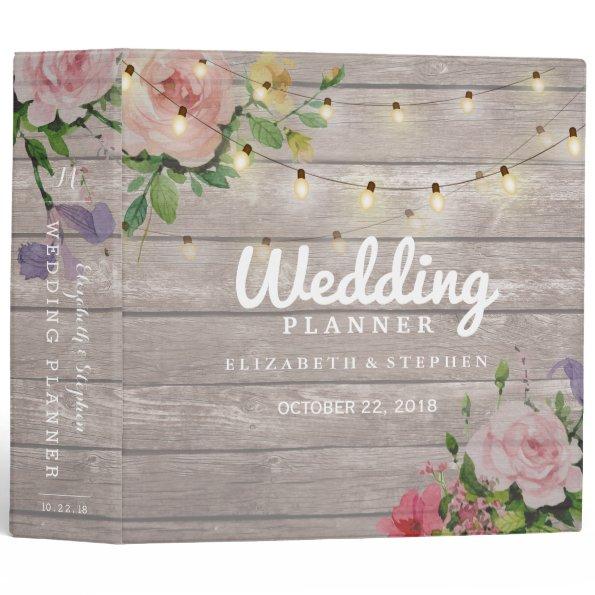 Rustic Wood Floral String Lights Wedding Planner 3 Ring Binder