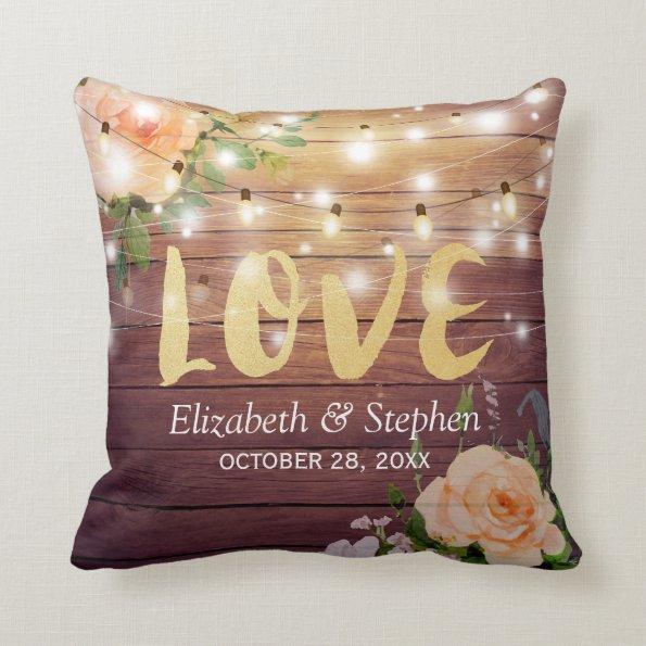 Rustic Wood Floral String Lights Wedding Shower Throw Pillow