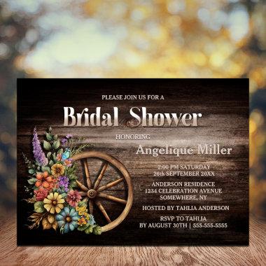 Rustic Wood Floral Wagon Wheel Bridal Shower Invitations