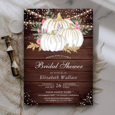 Rustic Wood Gold and White Pumpkins Bridal Shower Invitations