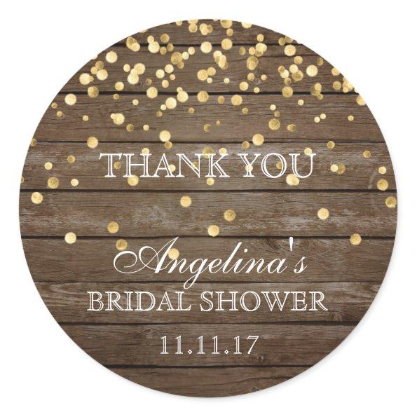 Rustic Wood Gold Confetti Bridal Shower Thank You Classic Round Sticker