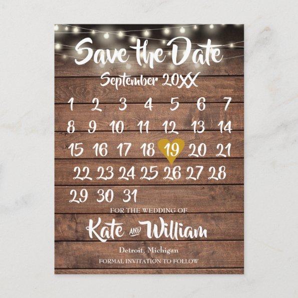 Rustic Wood Gold Heart Calendar Save the Date Announcement PostInvitations