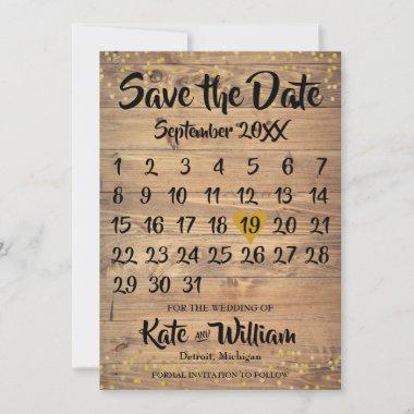 Rustic Wood Gold Love Heart Calendar Save the Date