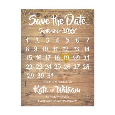 Rustic Wood Gold Love Heart Calendar Save the Date Announcement PostInvitations