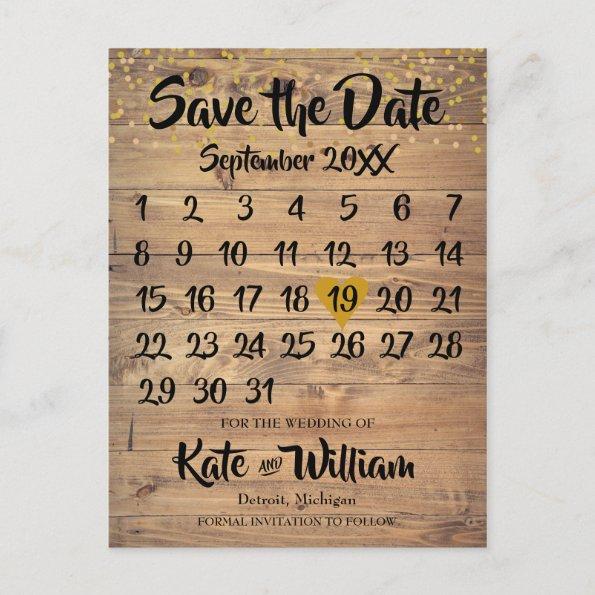 Rustic Wood Gold Love Heart Calendar Save the Date Announcement PostInvitations