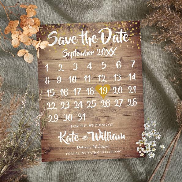Rustic Wood Gold Love Heart Calendar Save the Date Announcement PostInvitations