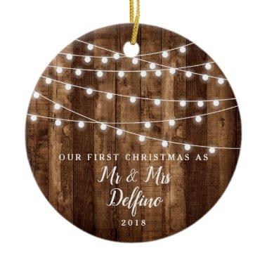 Rustic Wood Grain Fairy Lights Newlywed Mr & Mrs Ceramic Ornament