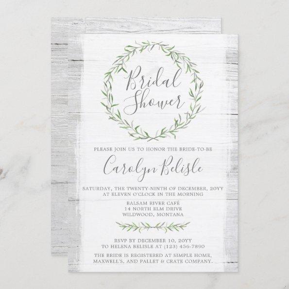 Rustic Wood Green Wreath Bridal Shower Invitations