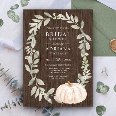 Rustic Wood Greenery White Pumpkin Bridal Shower Invitations