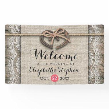 Rustic Wood Horseshoes Burlap Lace Wedding Welcome Banner