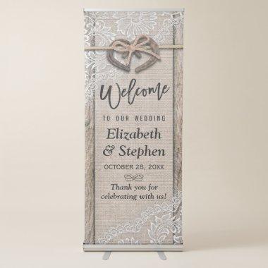 Rustic Wood Horseshoes Burlap Lace Wedding Welcome Retractable Banner