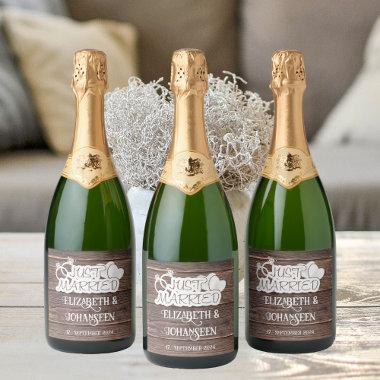 Rustic Wood Just Married White Typography Wedding Sparkling Wine Label