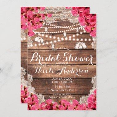 Rustic Wood Lace Bright Pink Roses Bridal Shower Invitations