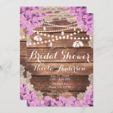 Rustic Wood Lace Lavender Roses Bridal Shower Invitations