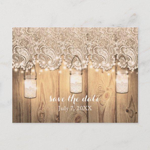 Rustic Wood Lace & Lighted Mason Jar Save The Date Announcement PostInvitations