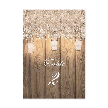 Rustic Wood Lace & Lighted Mason Jar Table Number