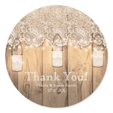 Rustic Wood Lace & Lighted Mason Jar Wedding Classic Round Sticker