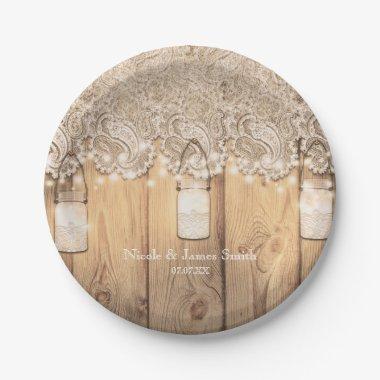 Rustic Wood Lace & Lighted Mason Jar Wedding Paper Plates