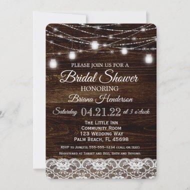 Rustic Wood & Lace Mason Jar Lights Bridal Shower Invitations