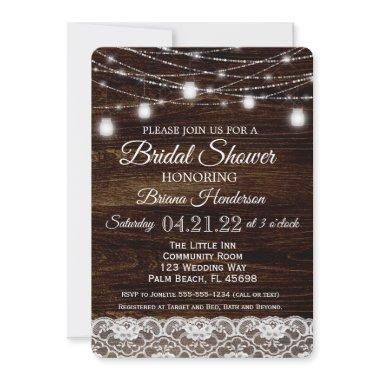 Rustic Wood & Lace Mason Jar Lights Bridal Shower Invitations