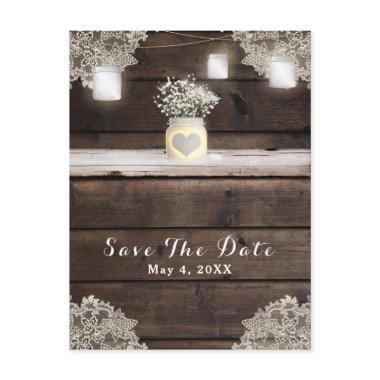 Rustic Wood, Lace & Mason Jars Barn Save the Date Announcement Post