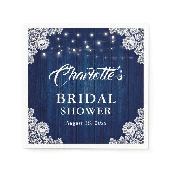 Rustic Wood Lace Navy Blue Bridal Shower Napkins
