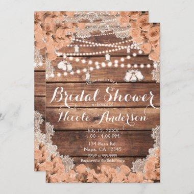 Rustic Wood Lace Peach Roses Elegant Bridal Shower Invitations