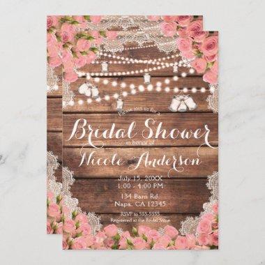 Rustic Wood Lace Pink Roses Elegant Bridal Shower Invitations