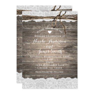 Rustic Wood Lace & Twine Romantic Barn Wedding Invitations