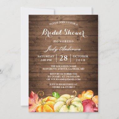 Rustic Wood Leaves Pumpkin Fall Bridal Shower Invitations