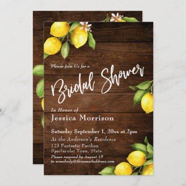 Rustic Wood & Lemons Bridal Shower Typography Invitations