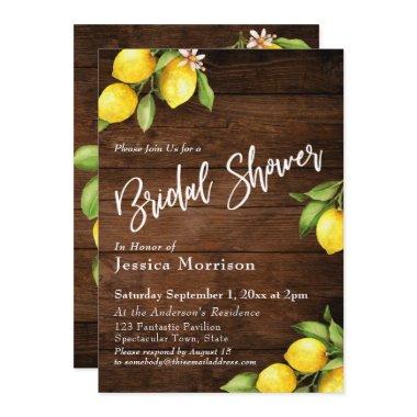 Rustic Wood & Lemons Bridal Shower Typography Invitations