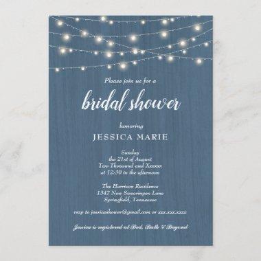 Rustic Wood Lights Dusty Blue Bridal Shower Invitations