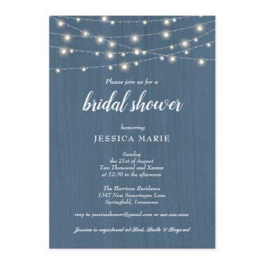 Rustic Wood Lights Dusty Blue Bridal Shower Invitations