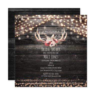 Rustic Wood & Lights Floral Antlers Invitations