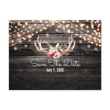 Rustic Wood & Lights Floral Antlers Save the Date Announcement PostInvitations