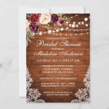 Rustic Wood Lights Floral Lace Bridal Shower Invitations