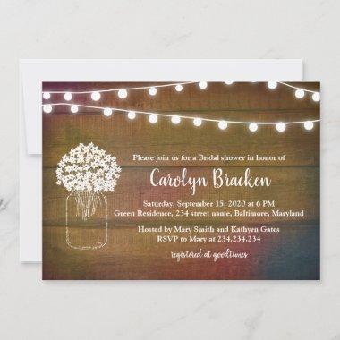 Rustic Wood Lights Mason Jar Floral Bridal Shower Invitations