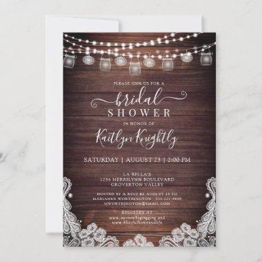 Rustic Wood Lights Mason Jars Lace Bridal Shower I Invitations