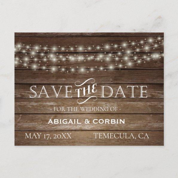 Rustic Wood Lights Save the Date Announcement PostInvitations